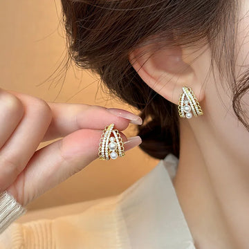 DAIIIBABYYY  -  New Arrival French Light Luxury Zircon Lace Pearl Stud Earrings Fashion Women Geometric Crystal Jewelry Party Gifts
